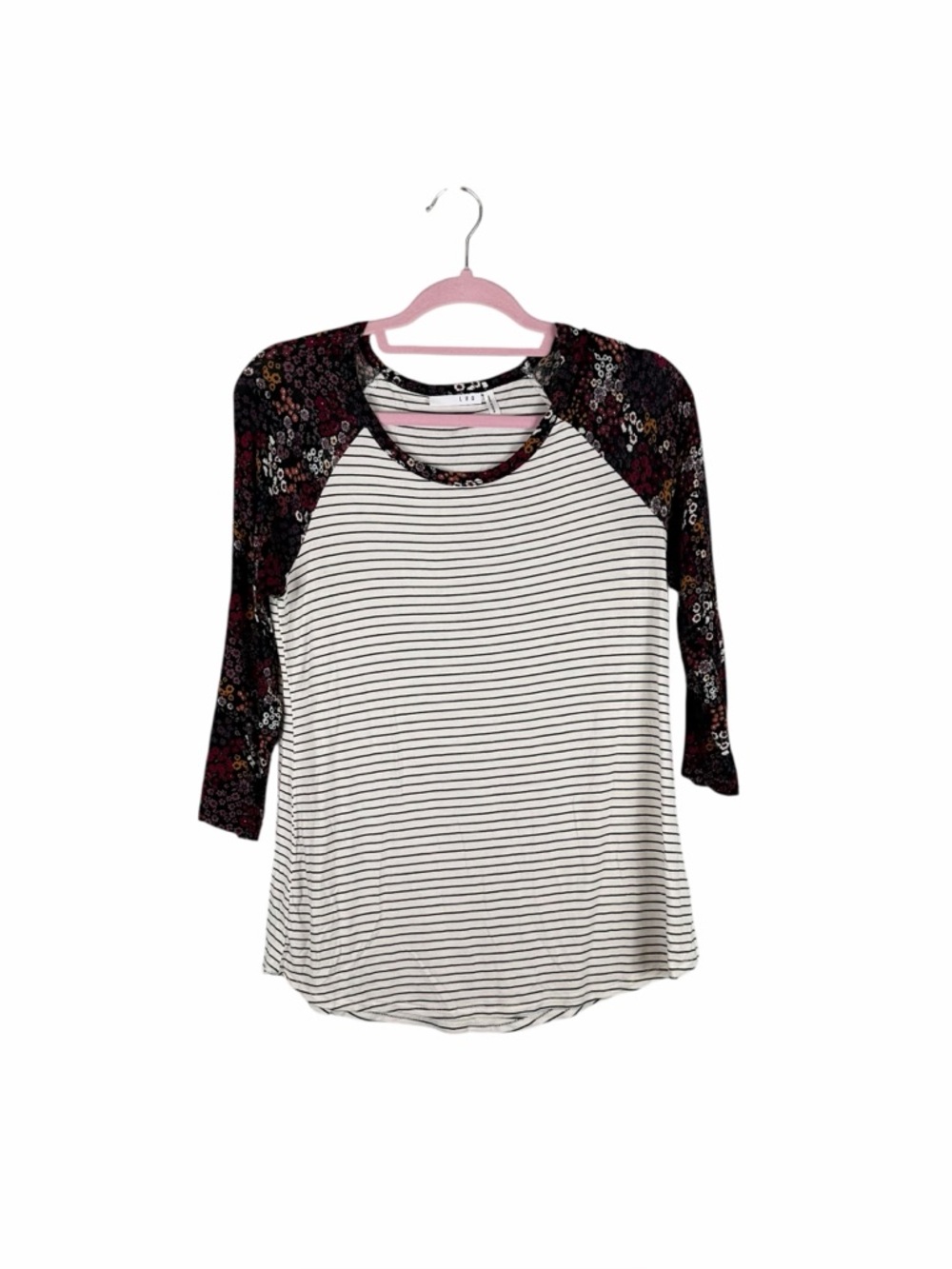 LUQ Striped Floral Raglan 3/4 Sleeve Top Black White Size M